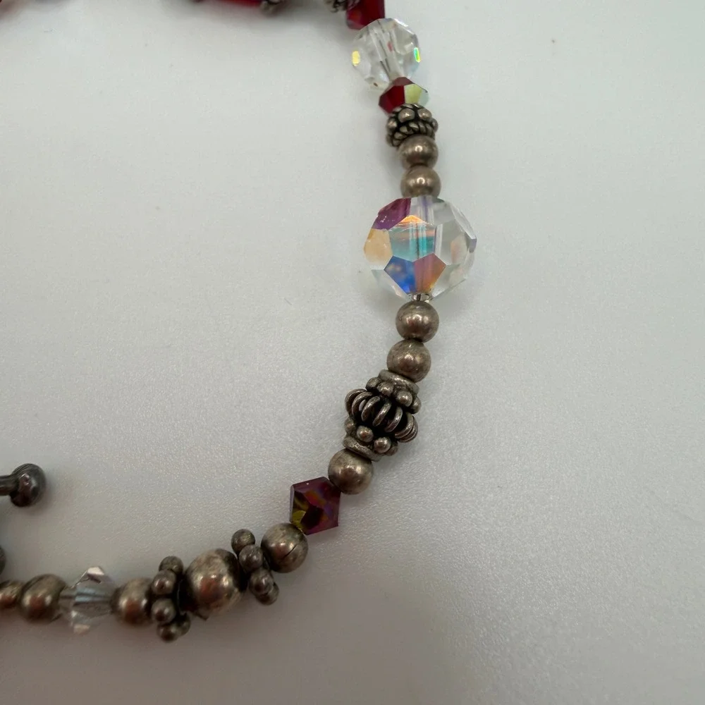 VTG Style Red Ruby AB Crystal Beaded Toggle Bracelet Quilted Heart Charm Sweet